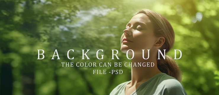 PSD side portrait of a beautiful woman breathing fresh air background in the green forest