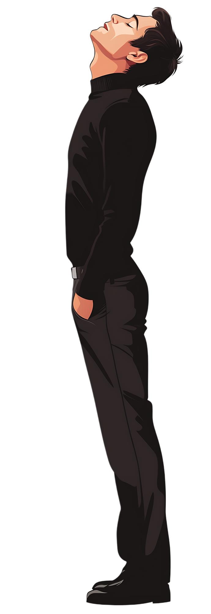 PSD side profile of a man looking up wearing a black shirt and pants