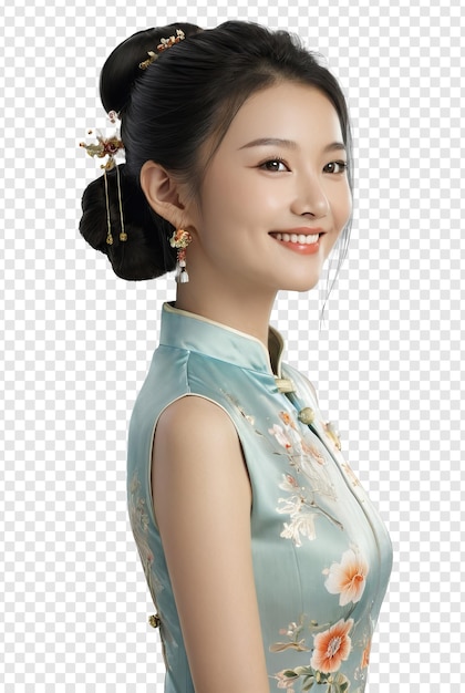 PSD side view of beautiful smiling chinese woman wearing cheongsam isolated on transparent background