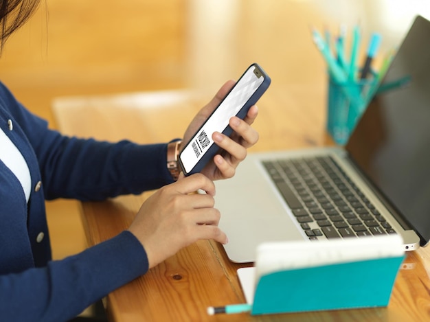 side view of businesswoman using smartphone mockup