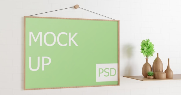 PSD side view landscape frame mockup hanging on the wall