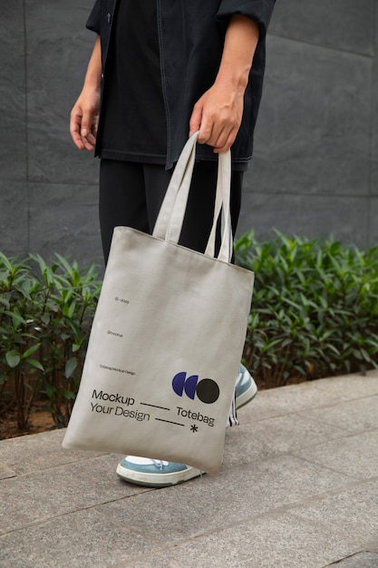 Premium PSD | Side view man holding totebag mockup