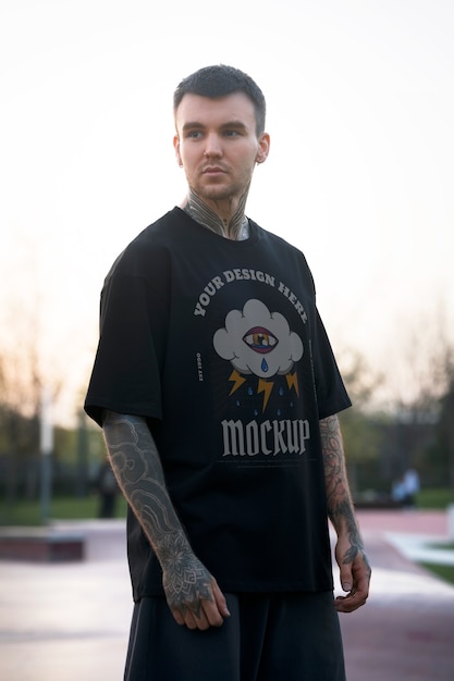 都市デザインのTシャツを着たサイドビューの男性