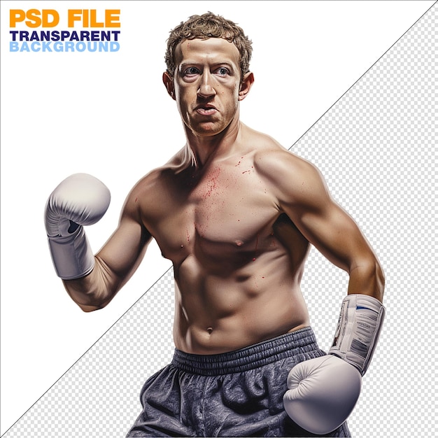 Vista laterale di mark zuckerberg con un boxer che combatte su uno sfondo trasparente