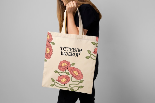 PSD side view model holding totebag