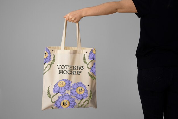 Side view model holding totebag