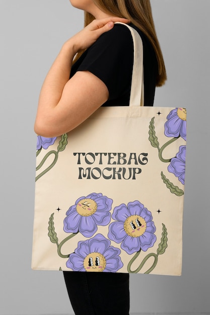 PSD side view model holding totebag