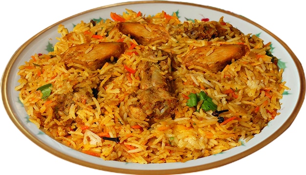 PSD side view pilaf with stewed chicken meat on a plate on white background