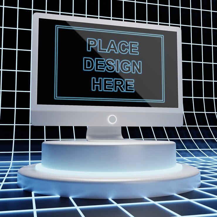 PSD side view of retro monitor mockup on cyber surface