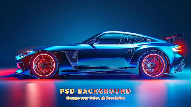 PSD side view unique neon glowing smooth sports car shiouette