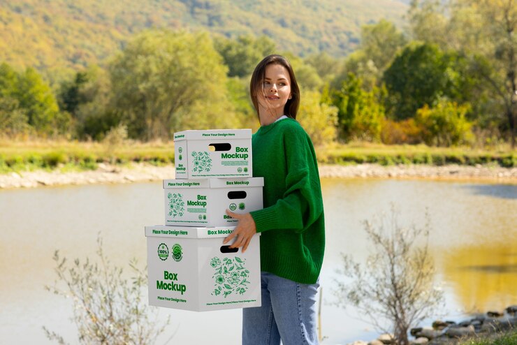PSD side view woman carrying boxes