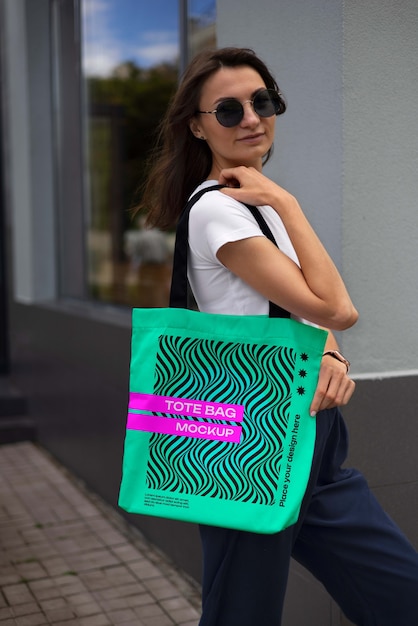 PSD side view  woman posing with tote bag