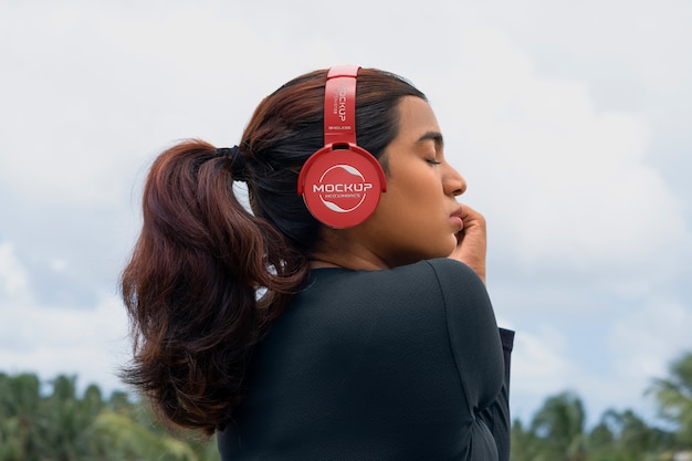 side view woman wearing headphones outside