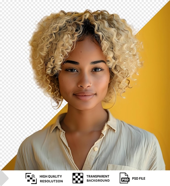 PSD vista laterale di una giovane donna afroamericana con i capelli corti biondi ricci in camicia che guarda la telecamera contro la parete gialla mostrando i suoi occhi marroni, il naso piccolo e le sopracciglia nere