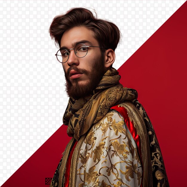 PSD side view of young bearded dandy guy in expensive outfit with silk scarf and glasses looking at camera while standing against red isolated background