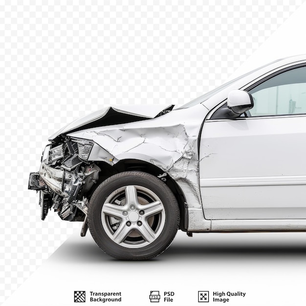 PSD side of white car get damaged by accident on the road broken cars after collision auto accident isolated on white isolated background with clipping path