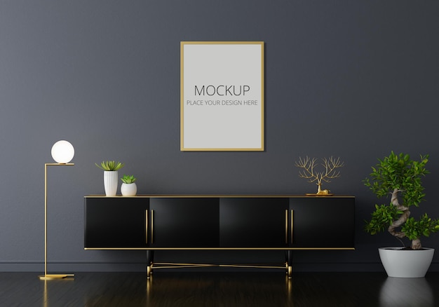 Sideboard in black living room with frame mockup