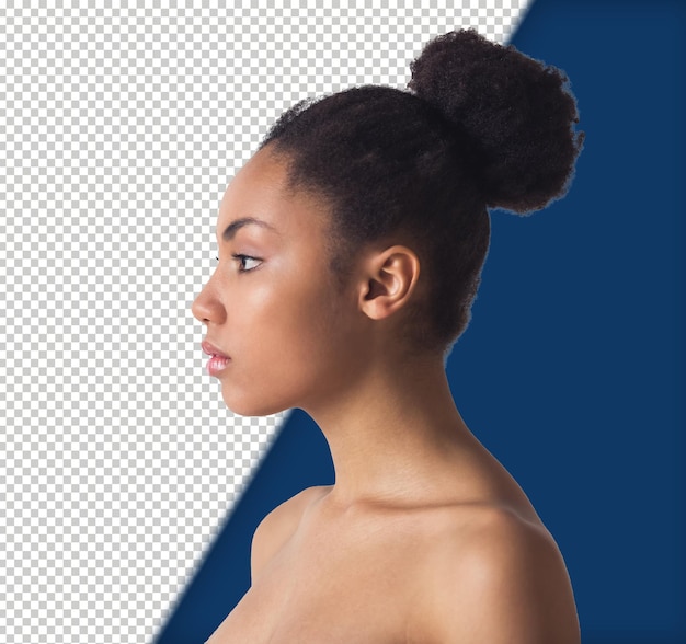 PSD sideview of a beautiful afroamerican girl with bare shoulder isolated on white