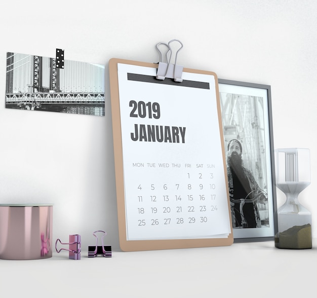 PSD sideways calendar mockup on workspace