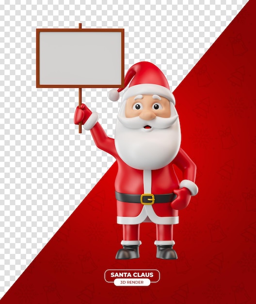 Sideways santa claus character holding sign in cartoon 3d render with transparent background