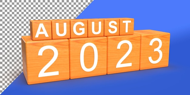 PSD sierpień 2023 3d renderowania koncepcji kalendarza miesiąca roku hd 3d ilustracja na drewnianych kostkach