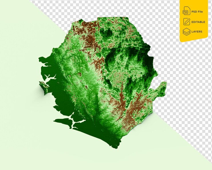 PSD sierra leone topographic map 3d realistic map color on pastel green background 3d illustration