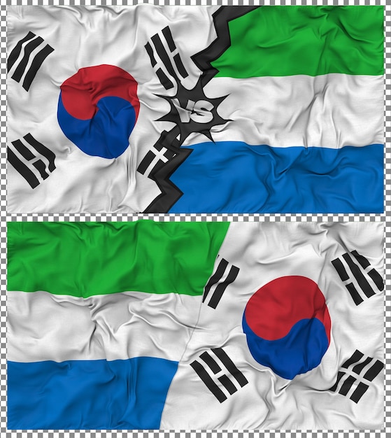 Sierra Leone versus Zuid-Korea Half gecombineerde vlag Cloth Bump Texture 3D Rendering