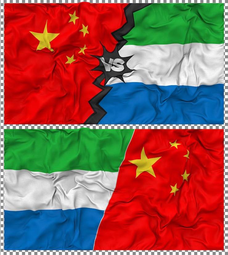 PSD sierra leone vs china half combined flag cloth bump texture 3d rendering