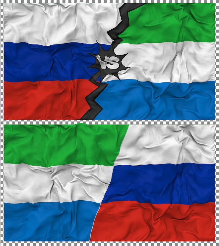PSD sierra leone vs russia half combined flag cloth bump texture 3d rendering