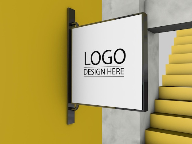 A sign hanging on a wall that says logo design here.