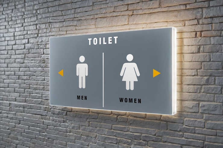 PSD a sign for toilet and mens restrooms with the words men and women
