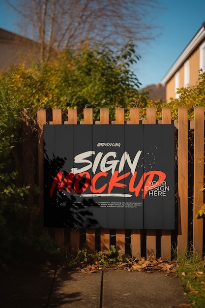 PSD sign on wooden fence mockup