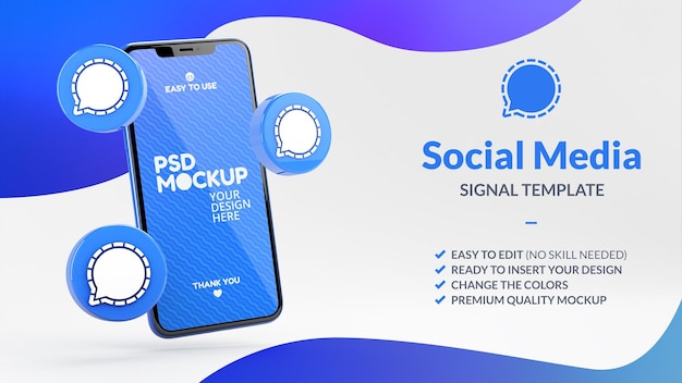 Signal app icons and phone screen mockup for social media marketing in 3d rendering