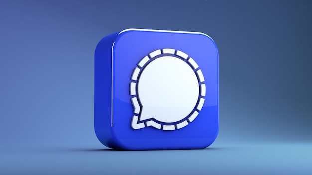3d 렌더링에서 파란색 배경에 고립 된 신호 메신저 앱 아이콘