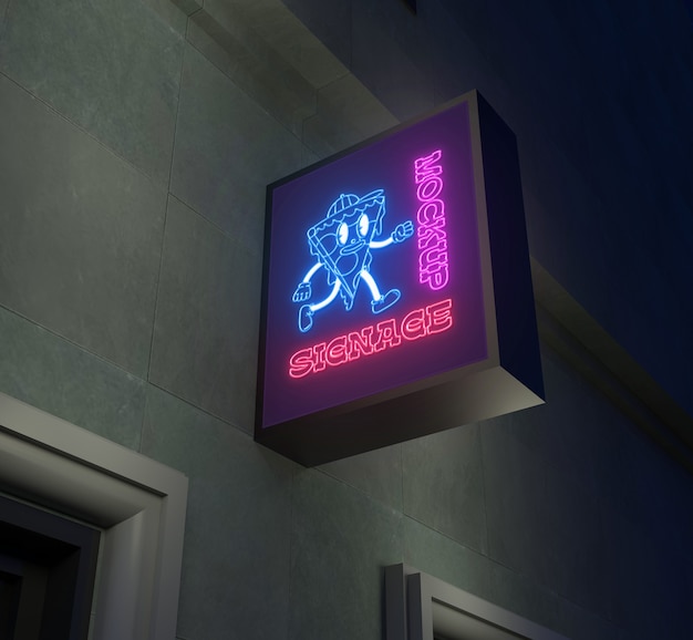 Signboard wall with neon lights mockup