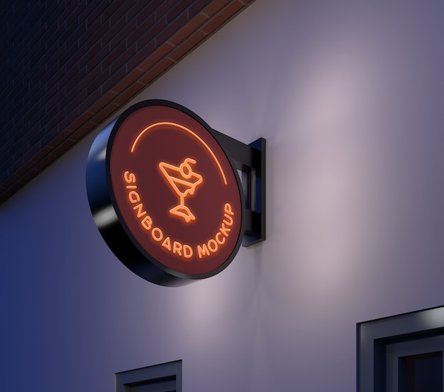 Signboard wall with neon lights mockup