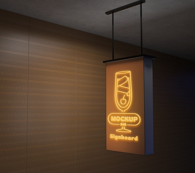 PSD signboard wall with neon lights mockup