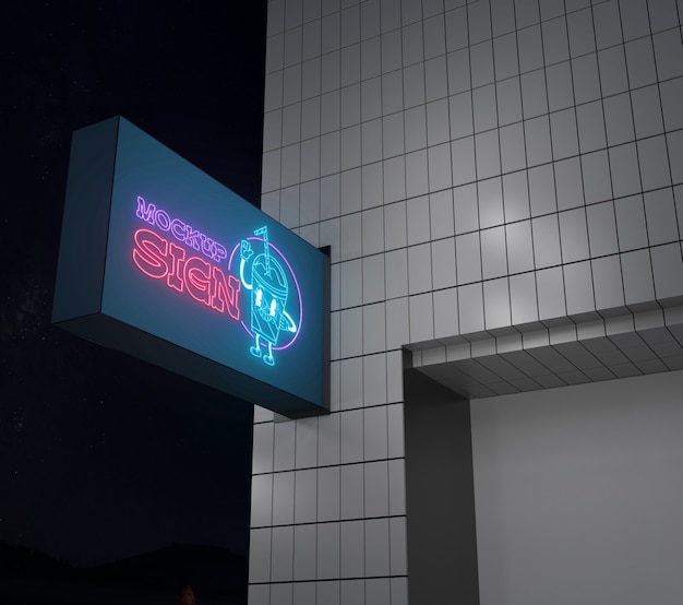 PSD signboard wall with neon lights mockup