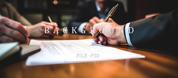 PSD signed business contract paper lying on the table blur background business partners shaking hands
