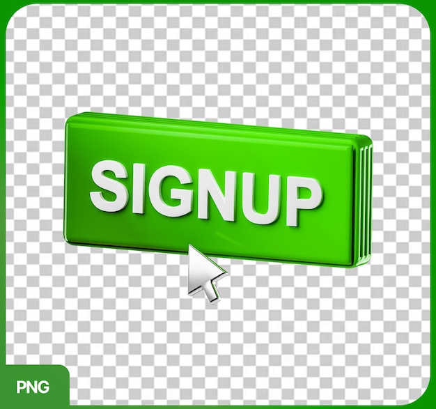 PSD signup cta button with a cursor 3d render on a transparent background