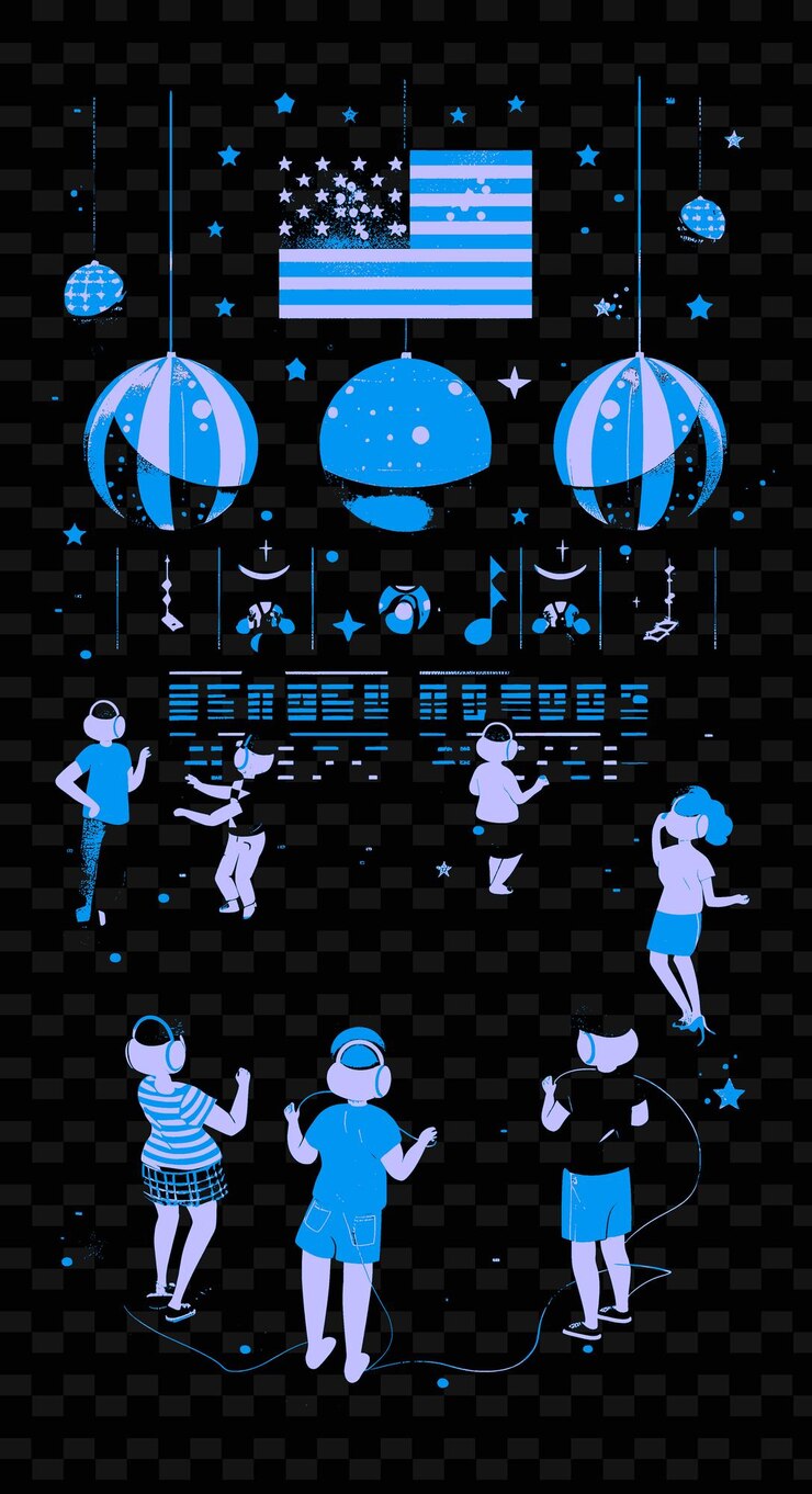 PSD a silent disco scene with people dancing to music on headpho creative illustration idea designs