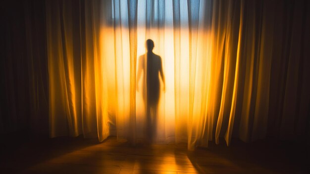 Silhouet van een persoon achter een achtergrondverlicht gordijn