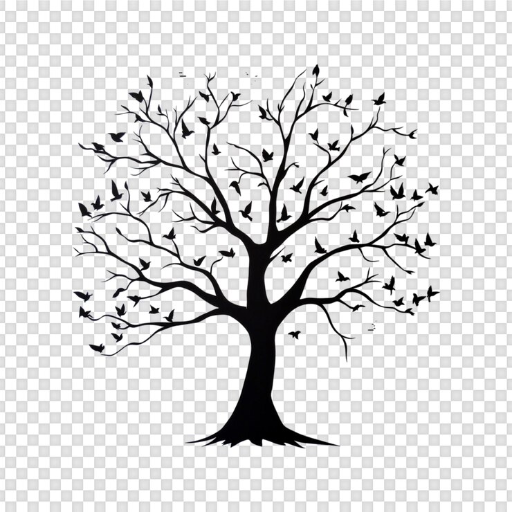 PSD silhouette art tree with birds vector contour drawing white black isolated on transparent background