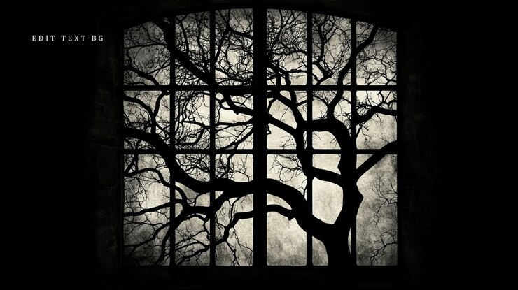 PSD silhouette of a bare tree seen through a dark window