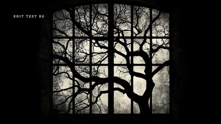 PSD silhouette of a bare tree seen through a dark window