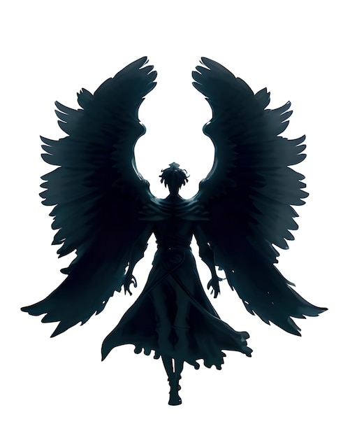 Silhouette of a black angel with wings isolated on transparent background