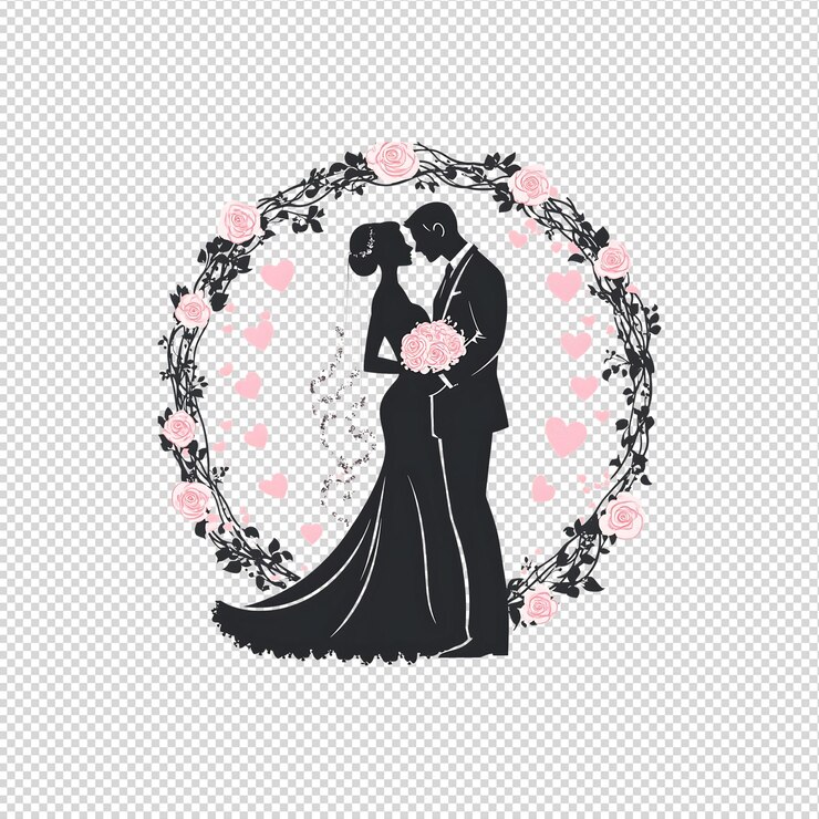 PSD silhouette of bride and groom with roses and hearts