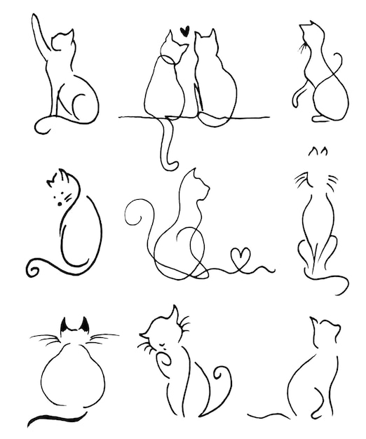 PSD silhouette of the cat set hand drawn illustration