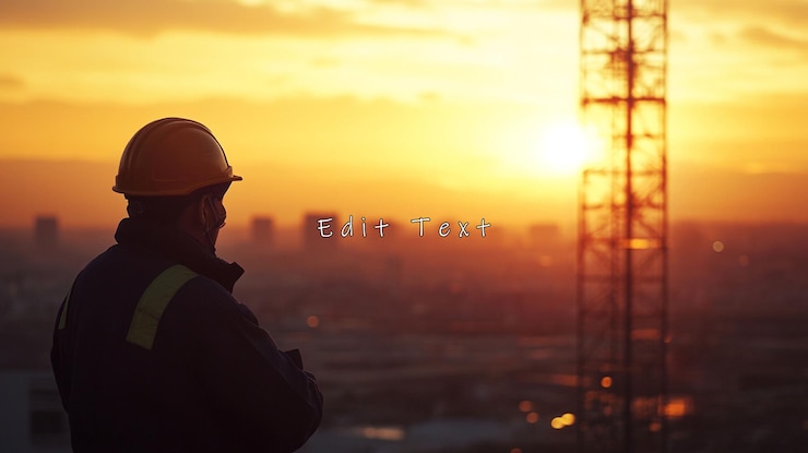 PSD silhouette of construction worker at sunset overlooking city