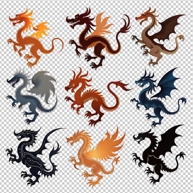 PSD silhouette of a dragon collection on transparent background